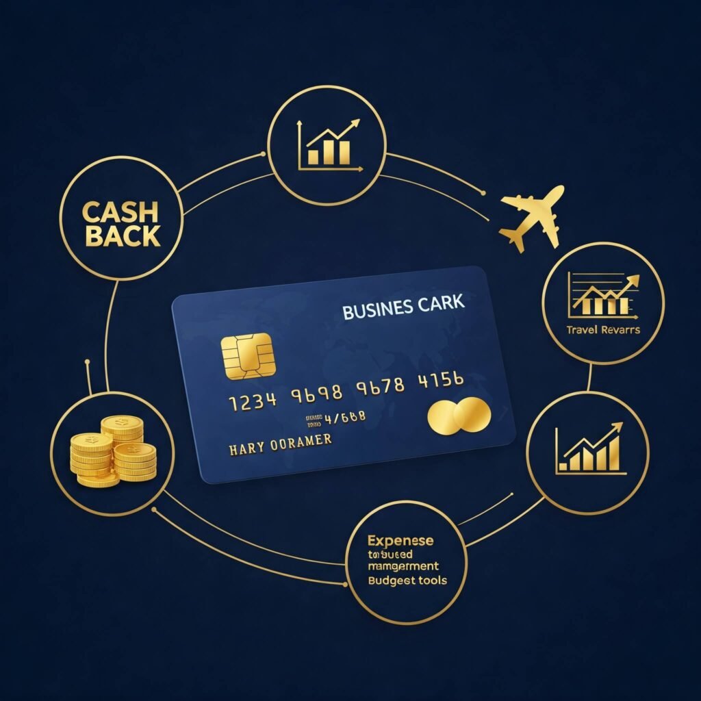 Business credit card with perks icons.