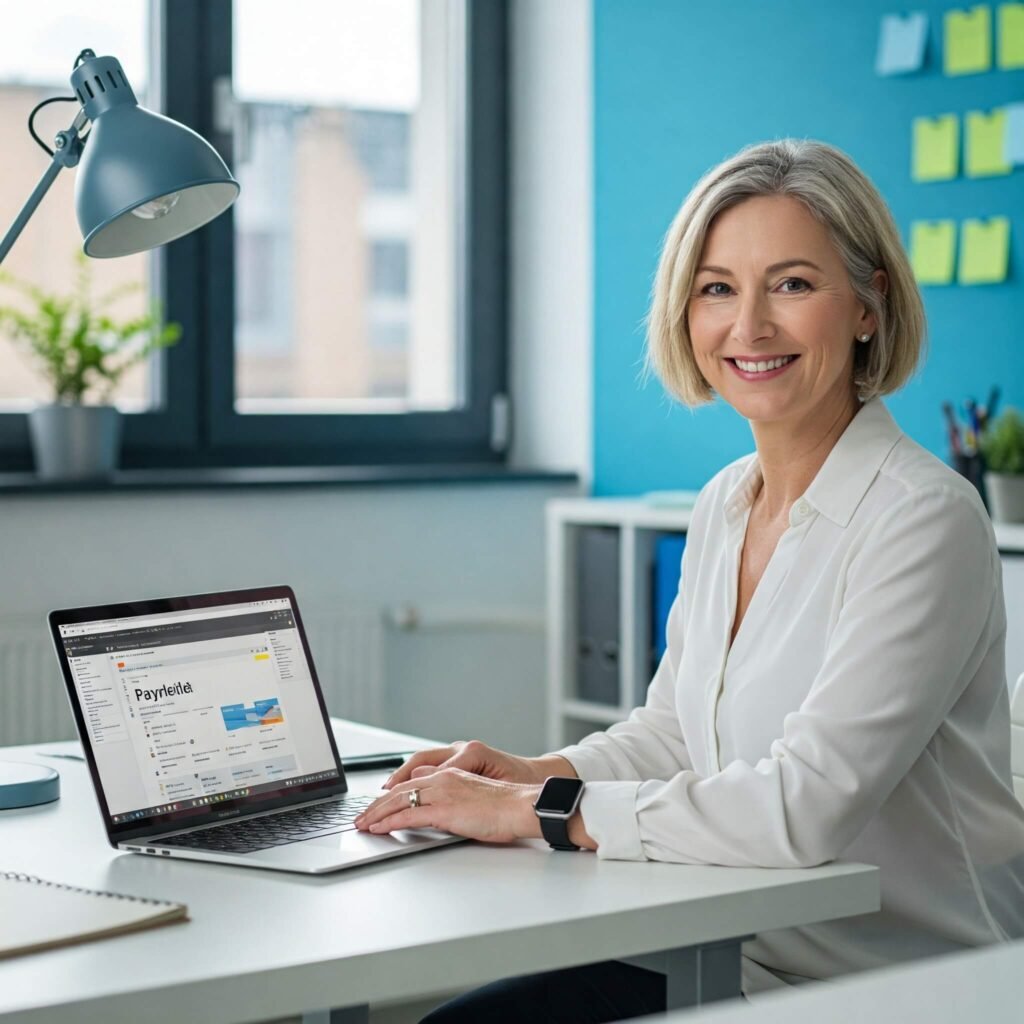 Small business owner smiling at payroll software on a laptop.