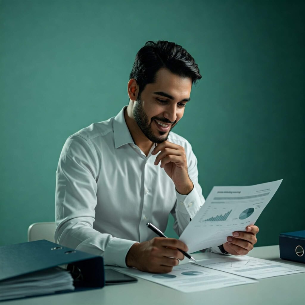 Small business owner reviewing financial documents