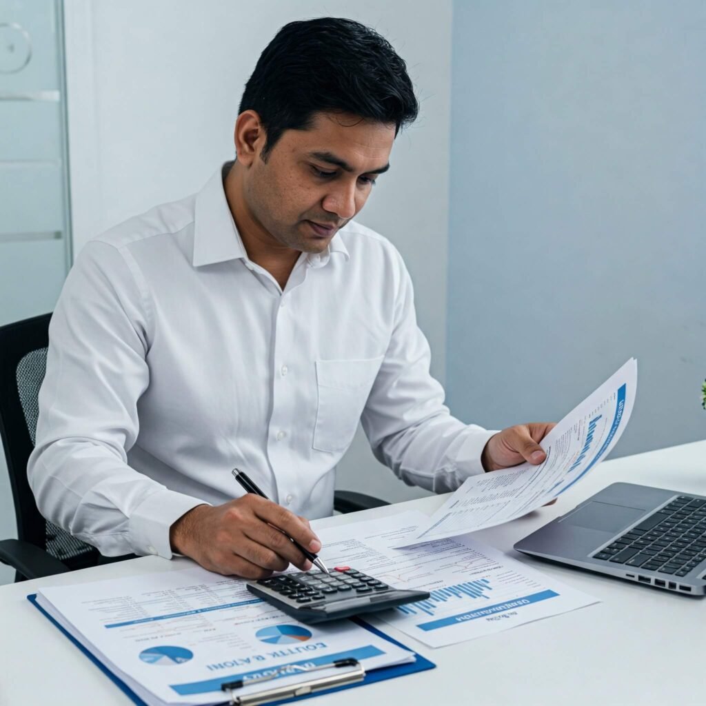 Small business owner at a desk with calculator