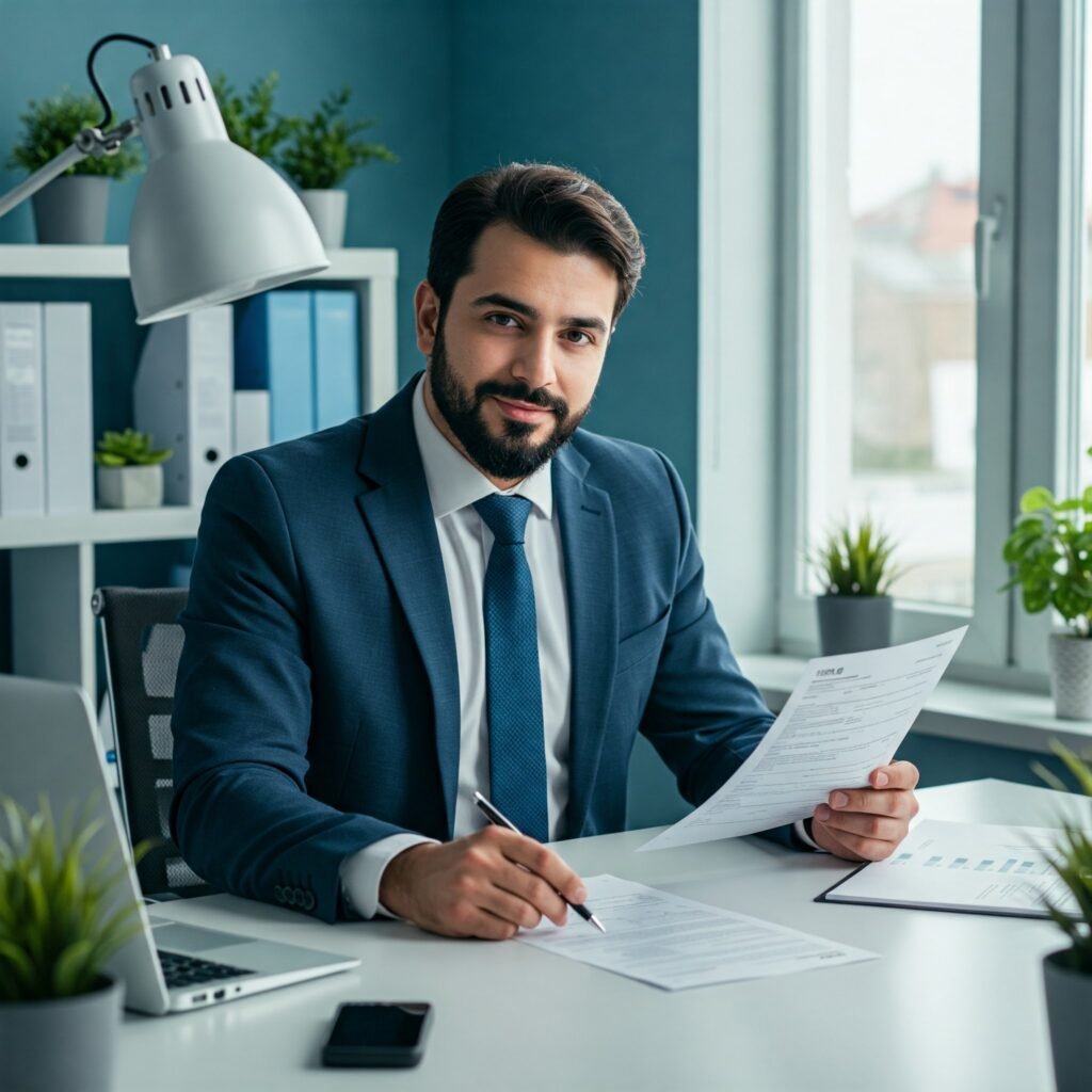 Small business owner reviewing tax documents