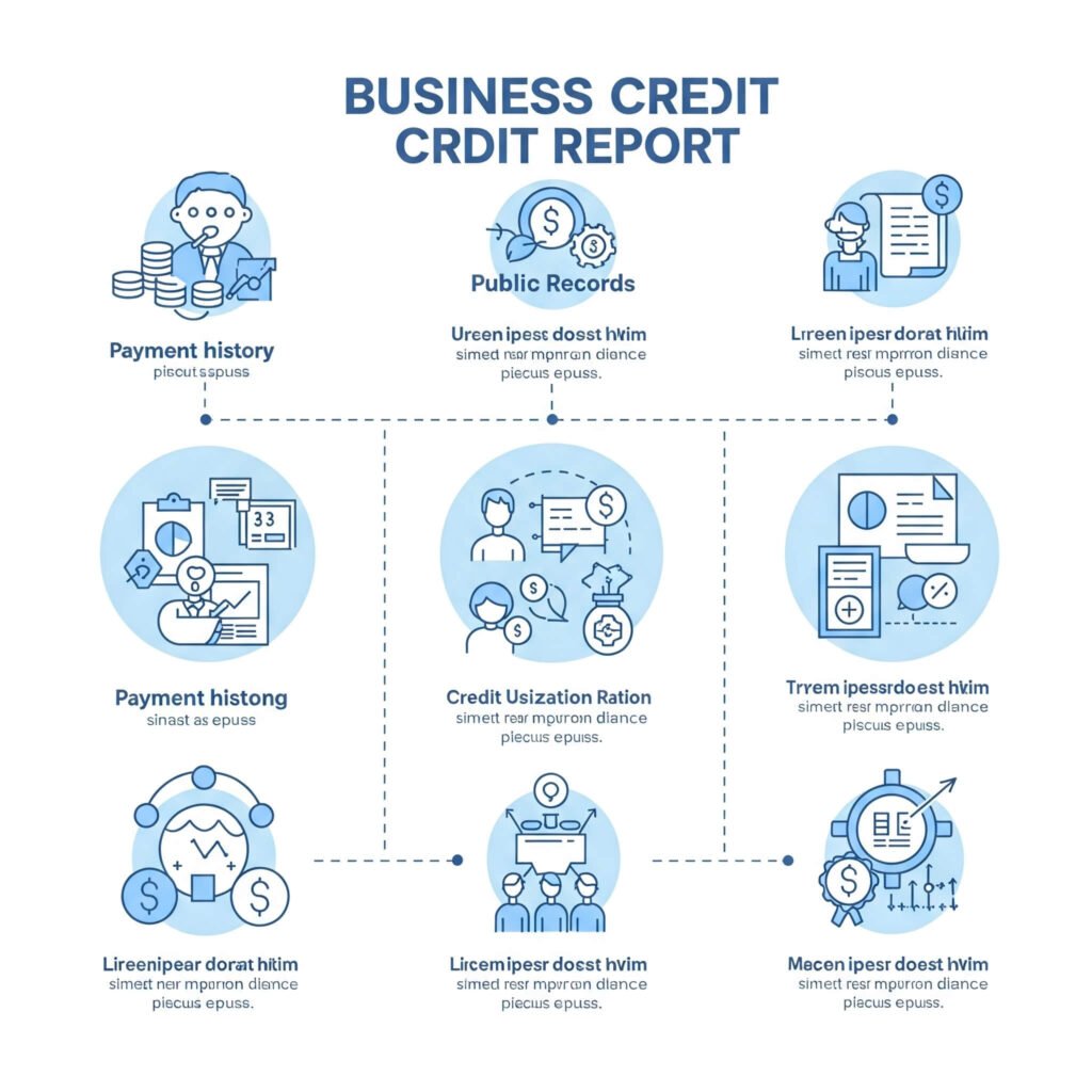 Infographic detailing business credit report components with a blue and white palette.