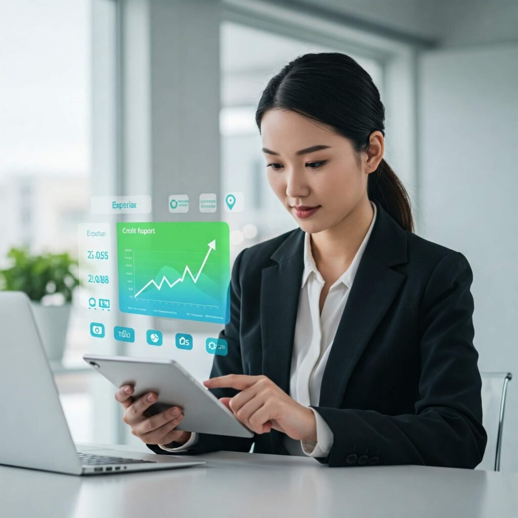 Business owner reviewing credit report on tablet.