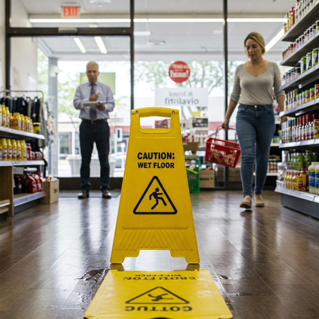 Retail store with a wet floor sign and concerned customer.