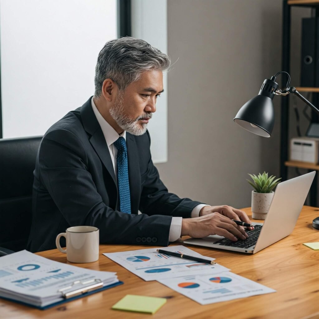 Business owner at desk with laptop displaying charts.