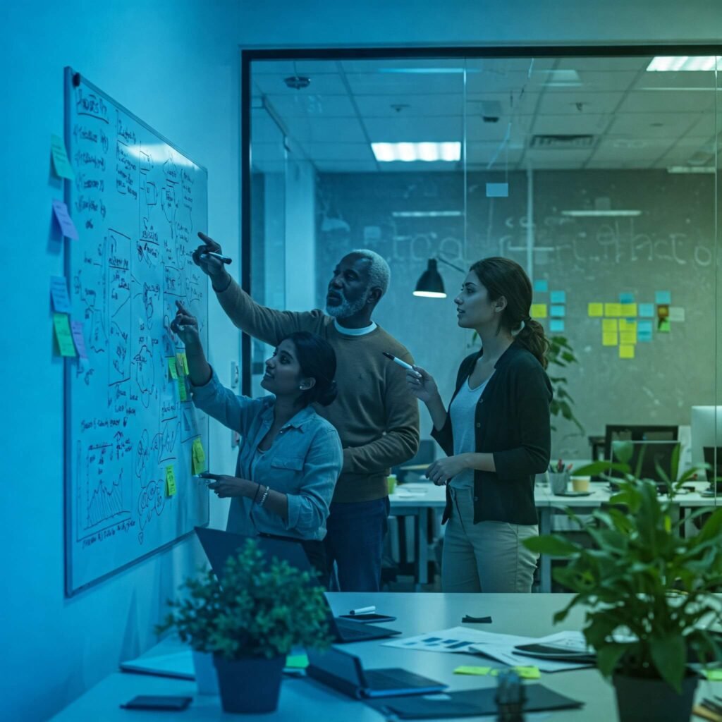 Diverse entrepreneurs collaborating in a modern office.