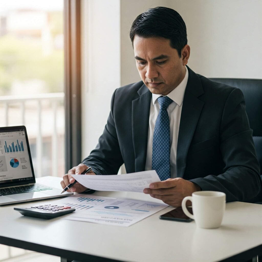 Business owner reviewing financial documents at a desk in a modern office, showcasing focus and determination.