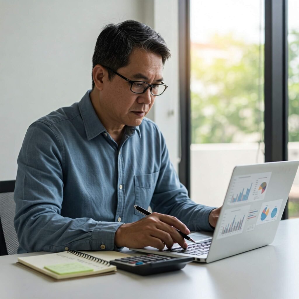 Small business owner analyzing financial data on laptop