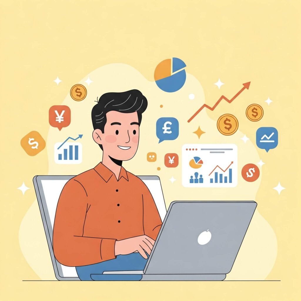Cartoon of a smiling solopreneur managing finances on a laptop.