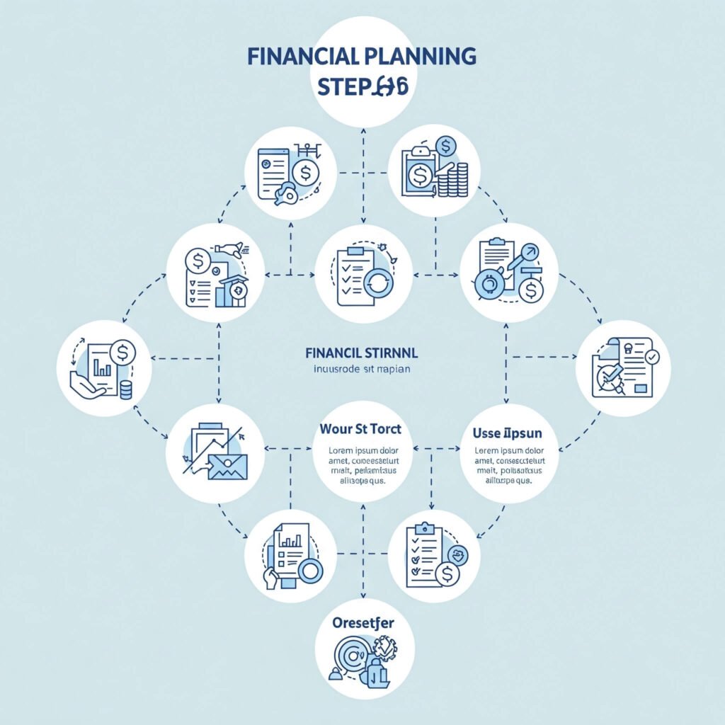 Financial planning flowchart in blue and white, minimalist design.