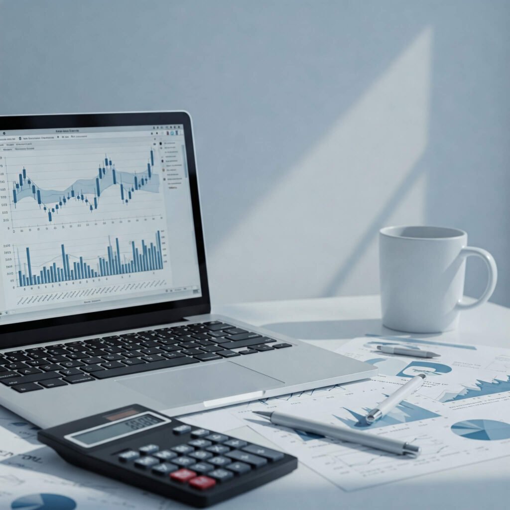 Organized desk with laptop displaying financial charts, calculator, and coffee mug.