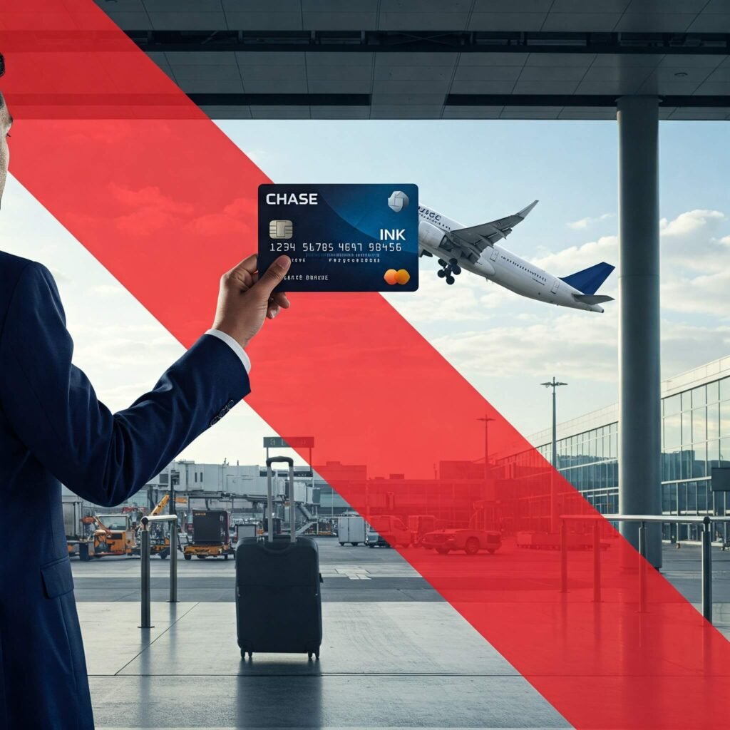 Business owner holding Chase Ink card at airport.