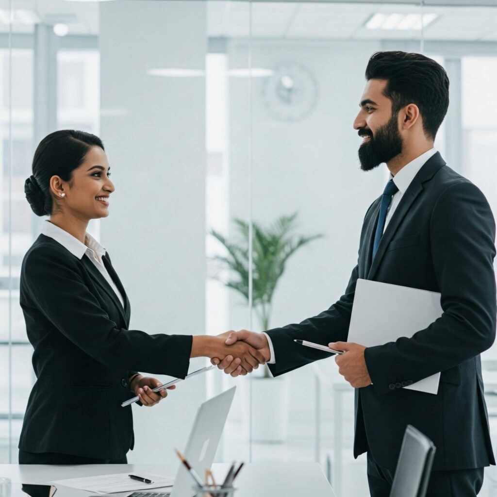 Small business owner and banker shaking hands in office.