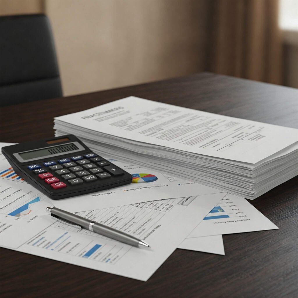 Neatly arranged financial documents on a table with a calculator and pen, representing stability and organization.