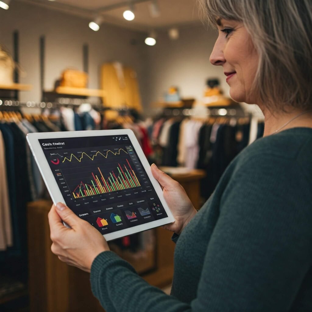 Small business owner examining cash flow on tablet in store