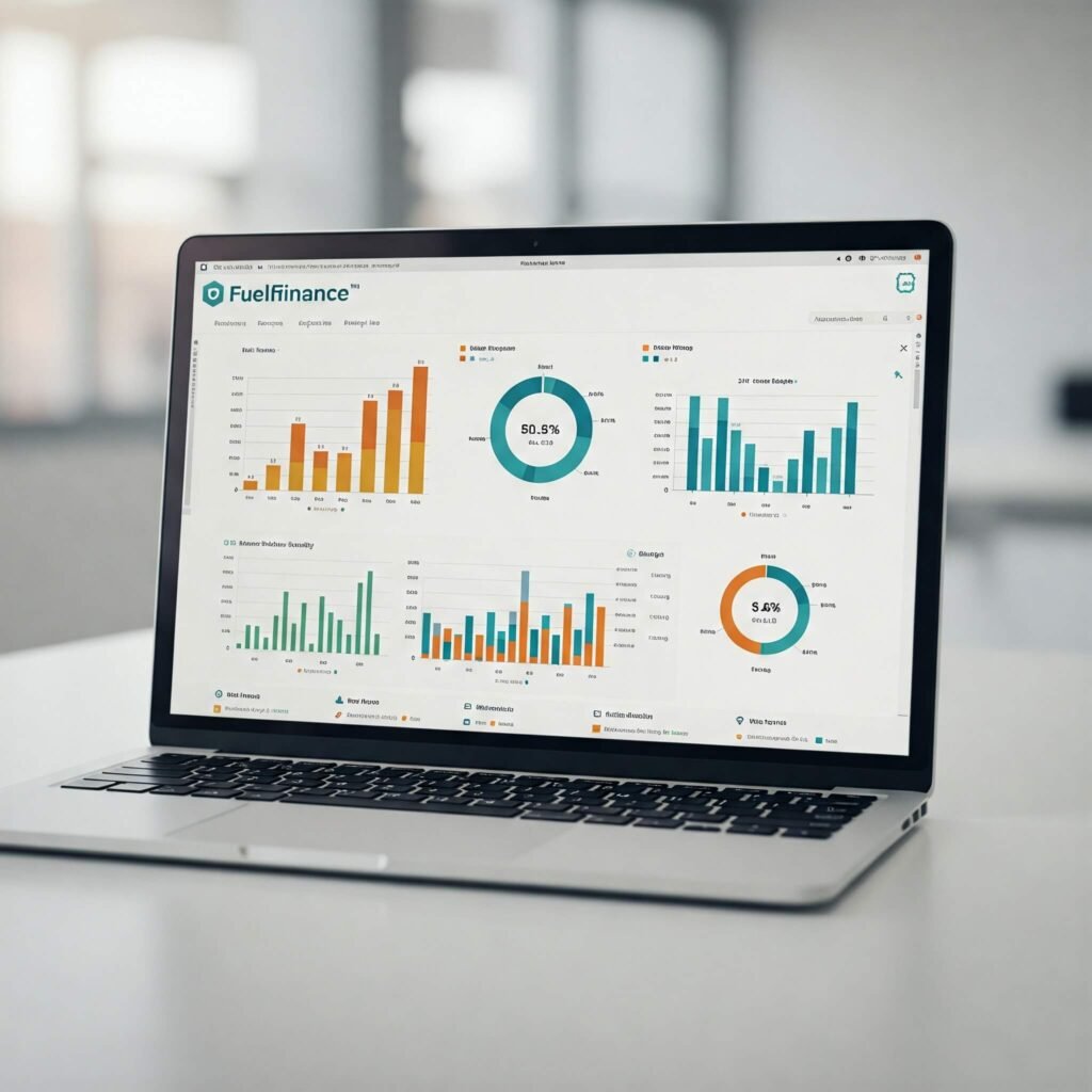 Fuelfinance dashboard mockup displayed on a laptop screen.