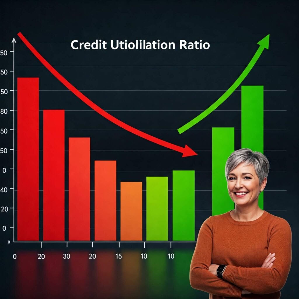 Business owner next to bar chart showing decreasing credit utilization ratio.