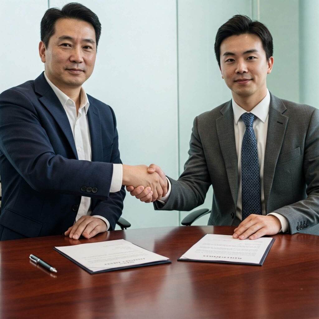 Business owner and agent handshake, contract background.