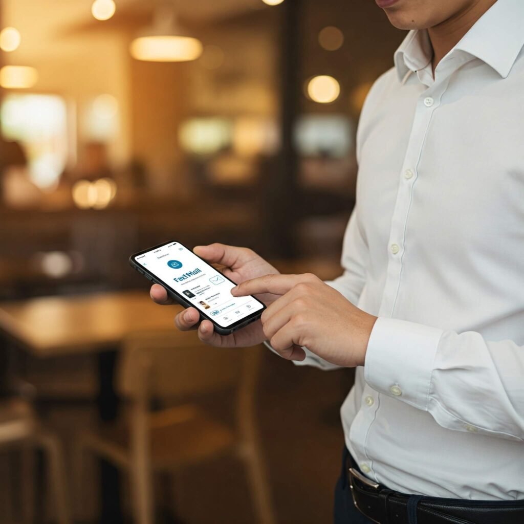 Professional checking Fastmail app on smartphone in coffee shop.