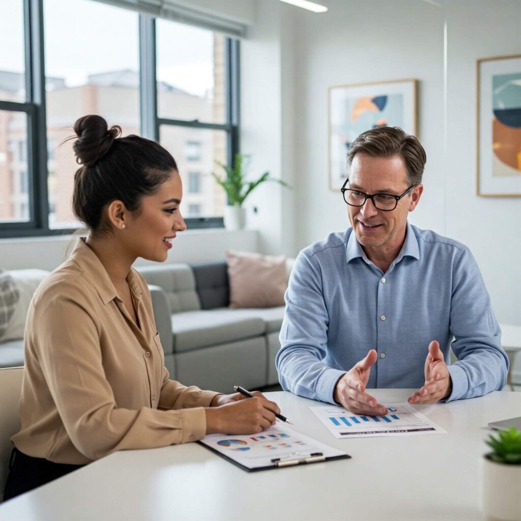 Small business owner consulting with financial advisor in modern office