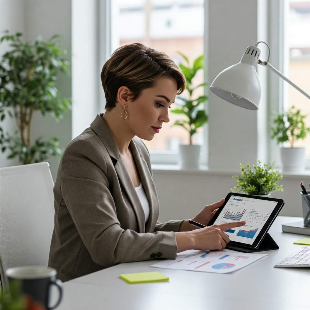 Solopreneur reviewing Boldin report on tablet in bright, plant-filled office.