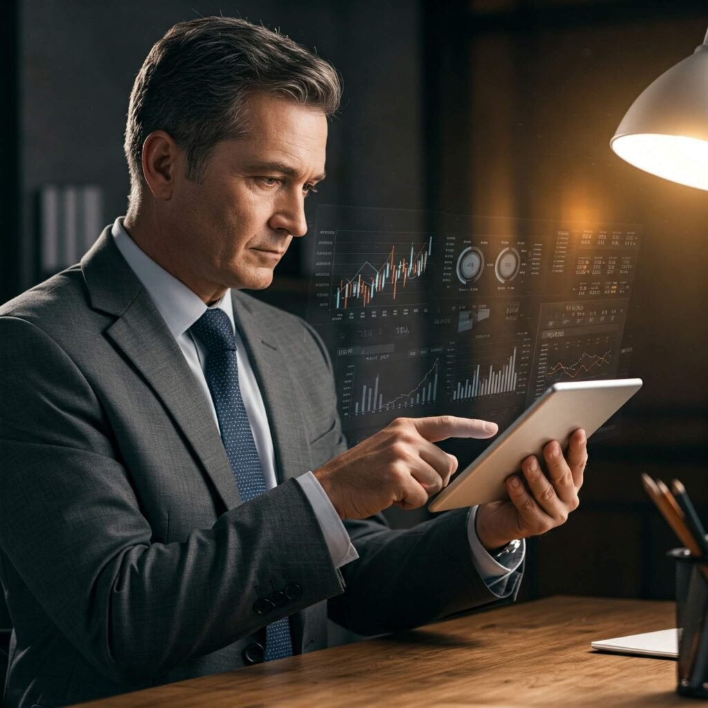 Business owner reviews financial data on tablet with charts in the background. Warm, optimistic color scheme of yellow and orange.