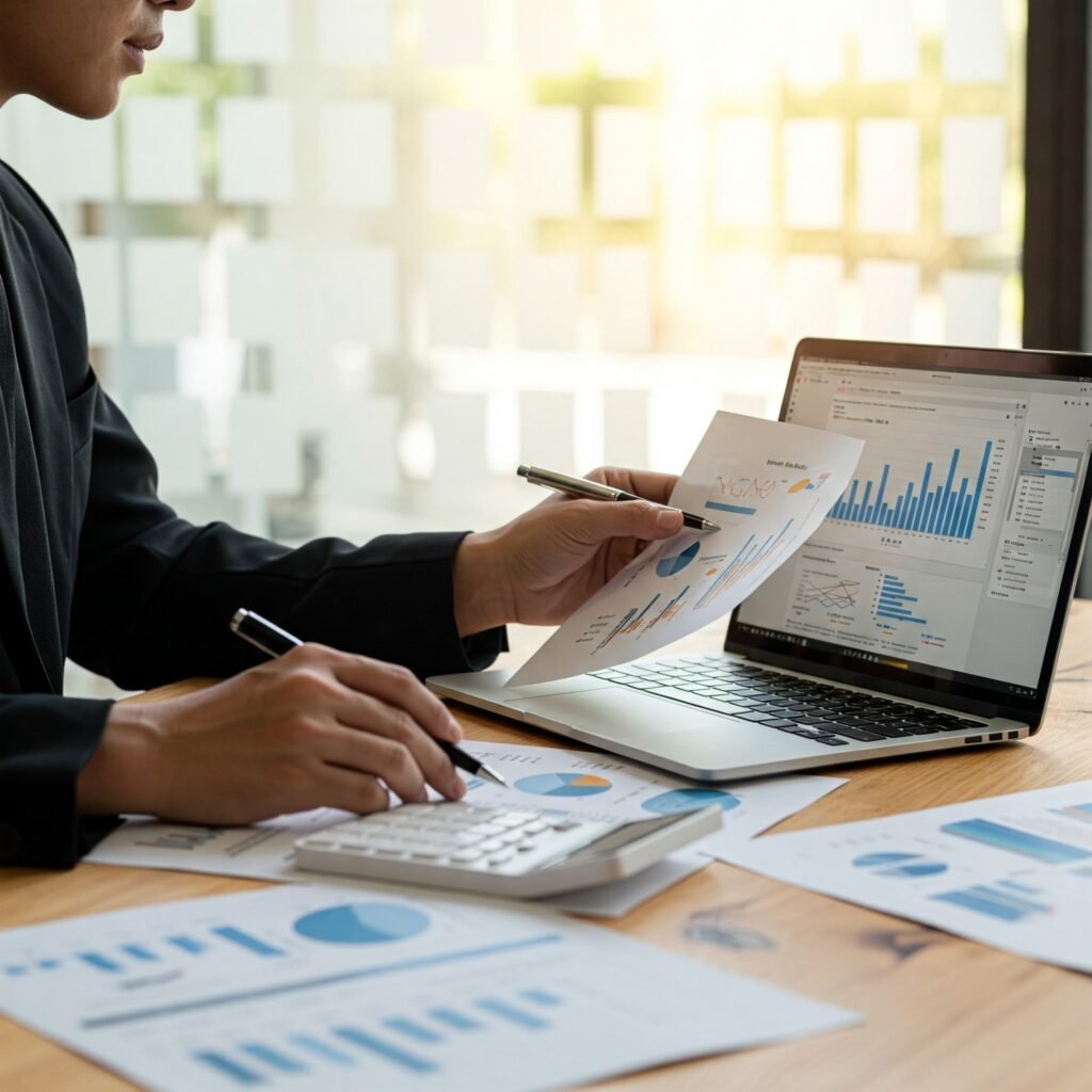 Small business owner with accounting software.