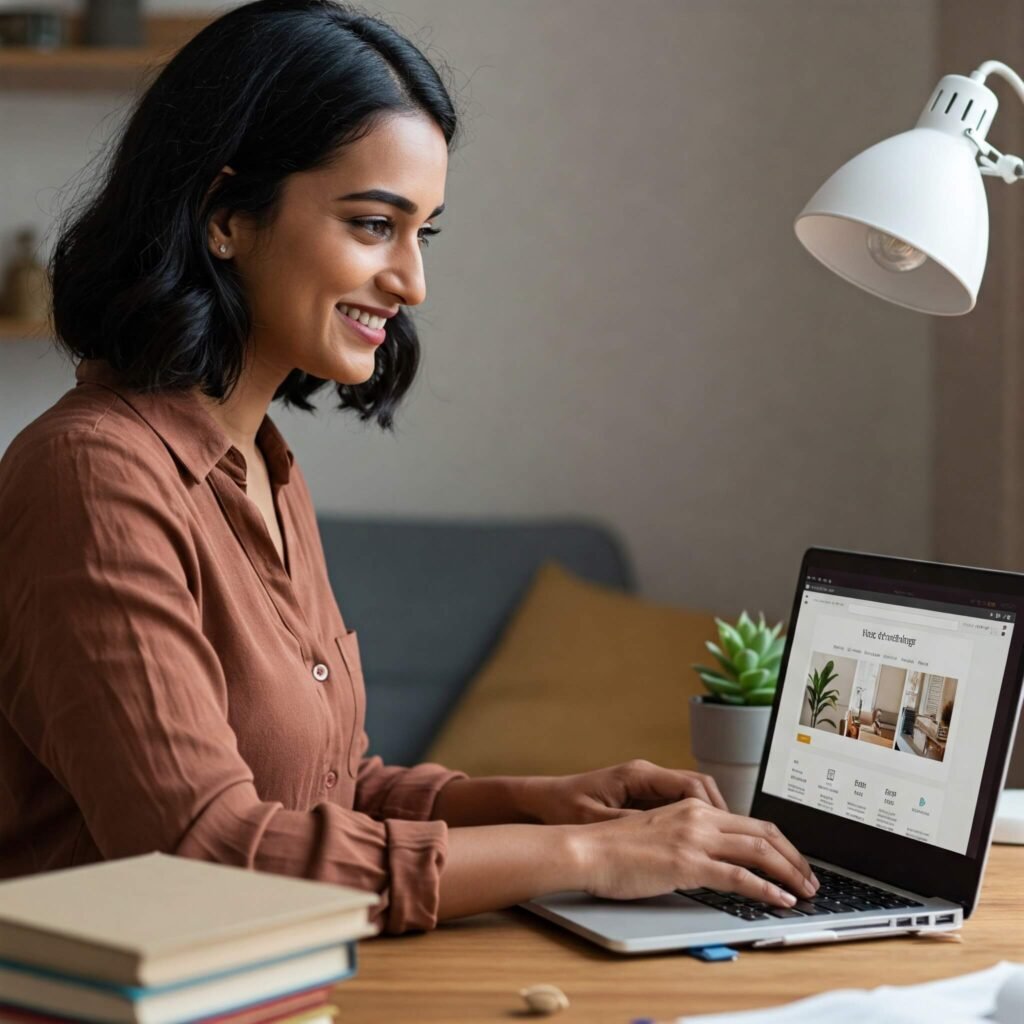 Smiling business owner on laptop with website.