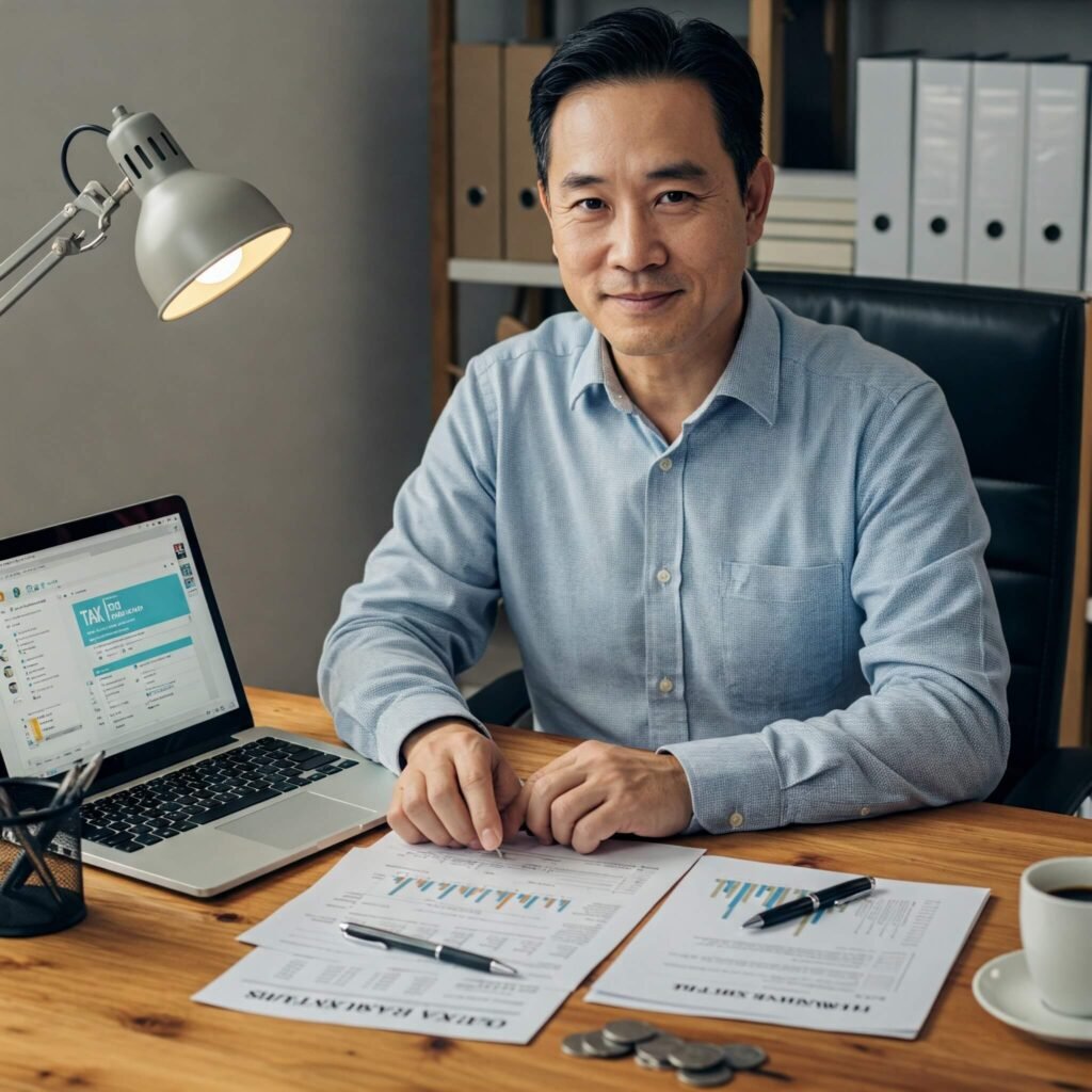 Small business owner working at desk with tax software