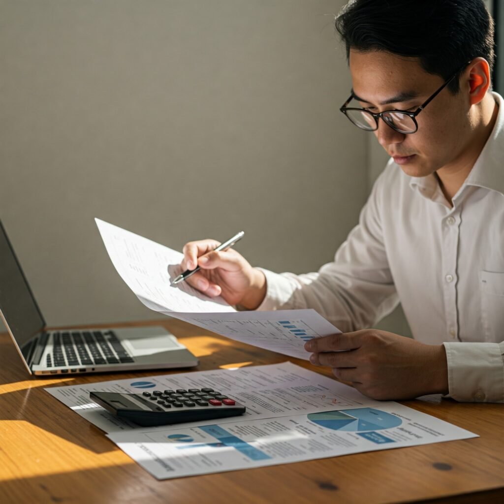 Small business owner reviewing financial documents at desk