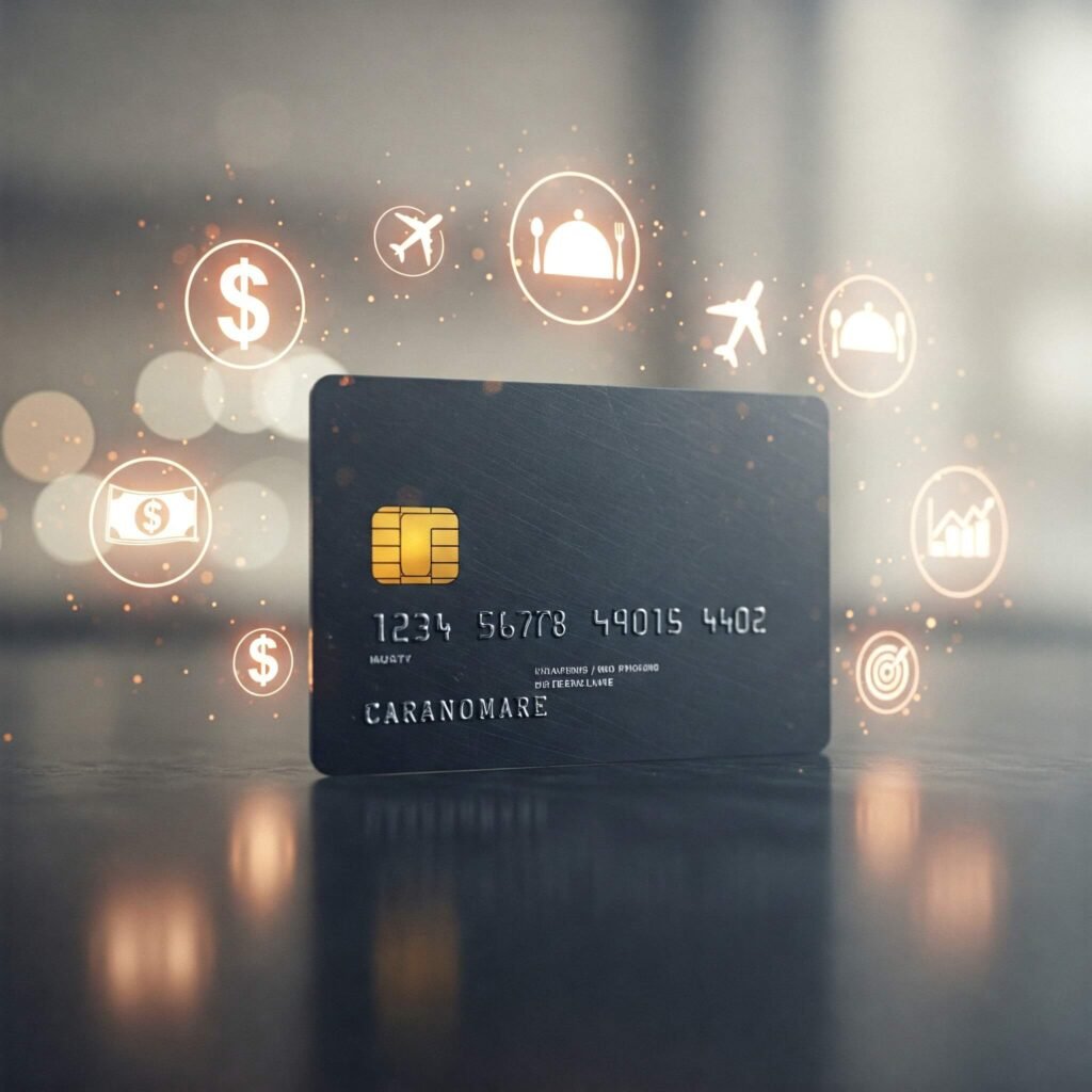 Sleek business credit card with glowing reward icons for cash, travel, and dining.