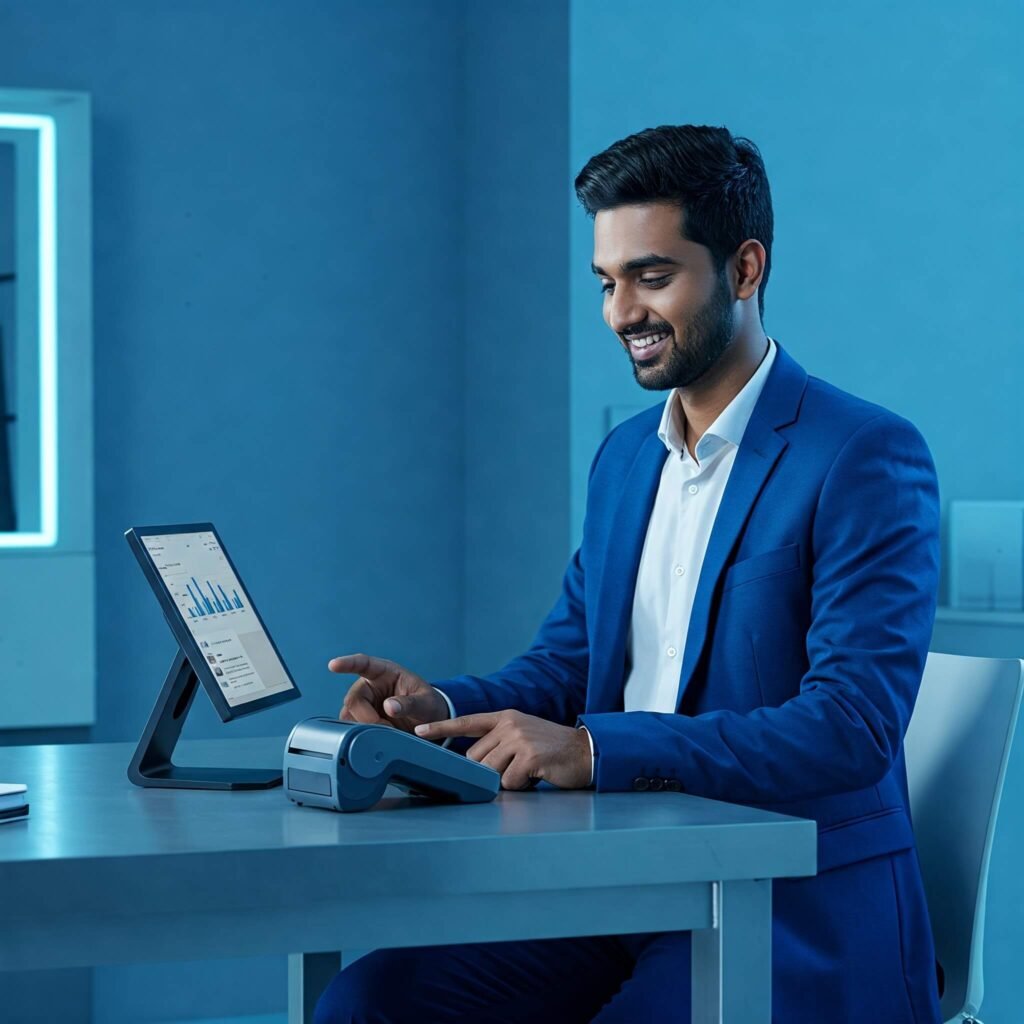 Business owner using a POS device at a modern desk.