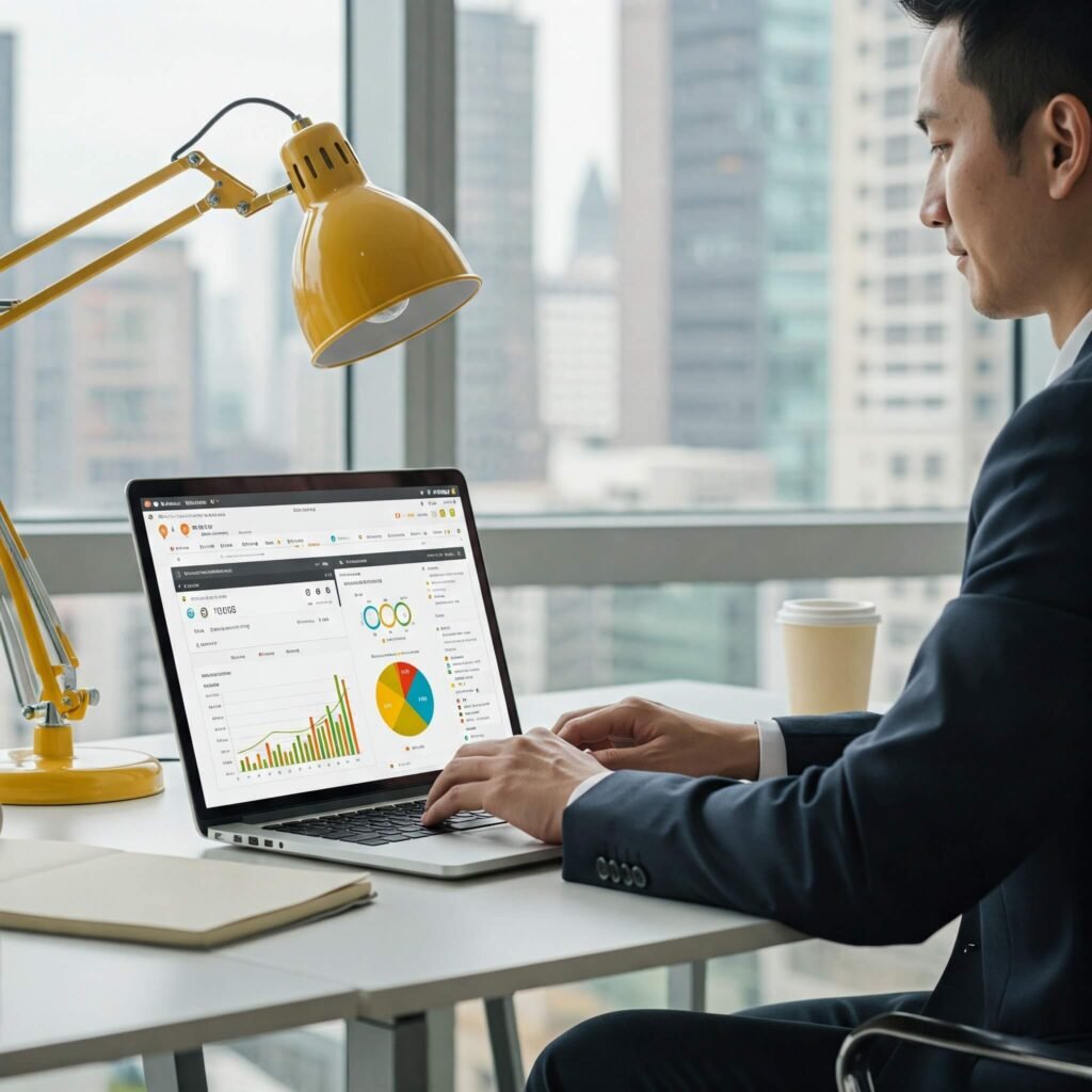 Business owner using laptop with cloud accounting software dashboards.