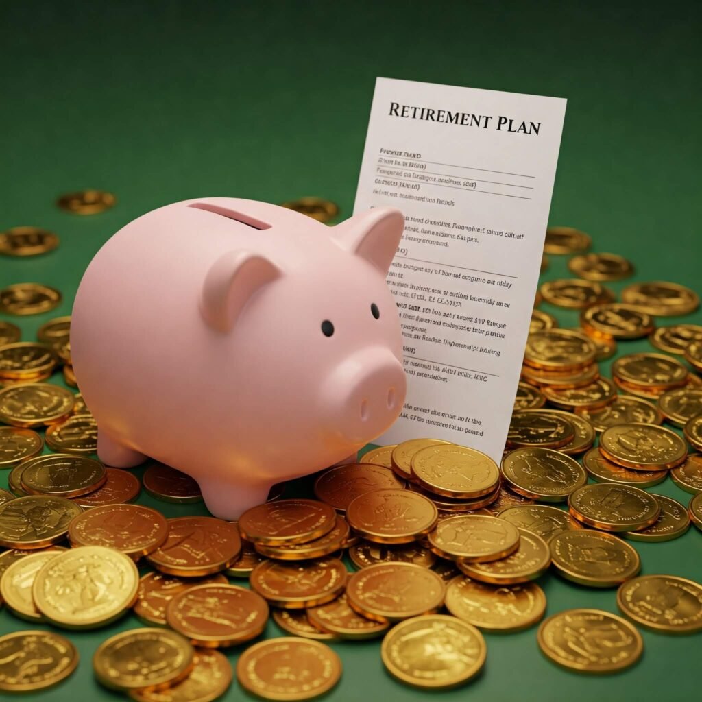 Piggy bank surrounded by gold coins and a retirement plan document in green and gold color scheme.