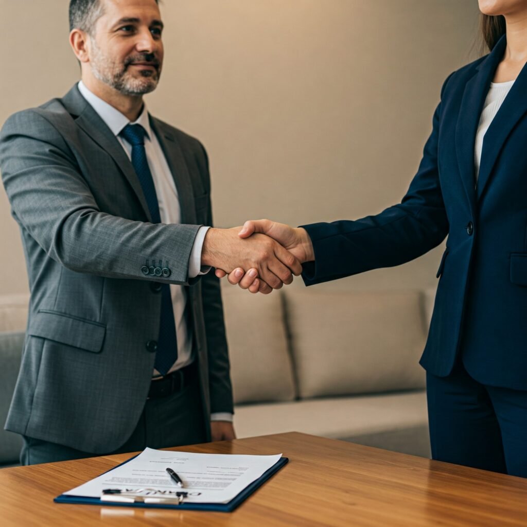 Business owner and vendor shaking hands