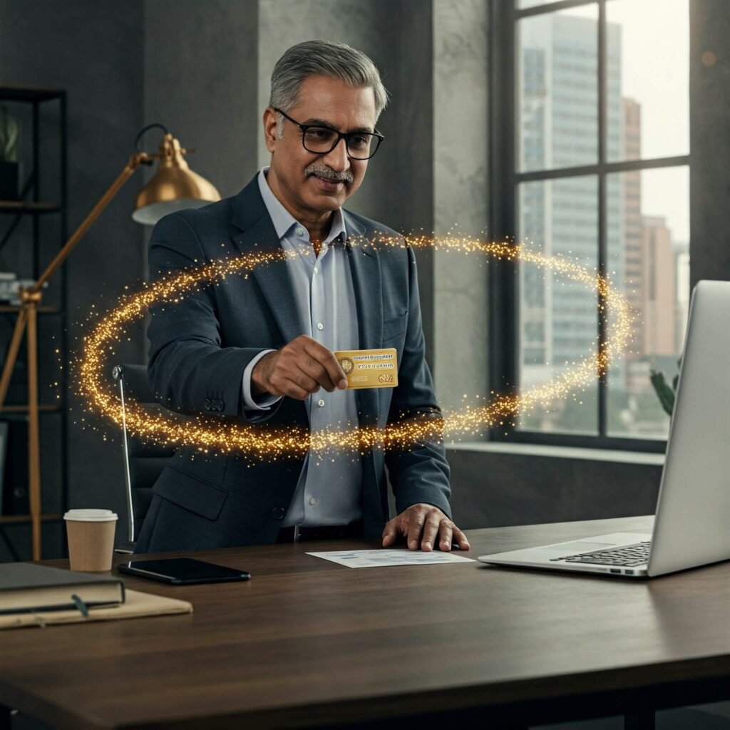 A business owner swipes the Amex Gold Card at a modern office, with reward points visually appearing.