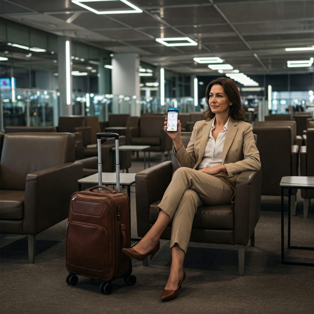 Business traveler in airport lounge with suitcase and digital boarding pass.