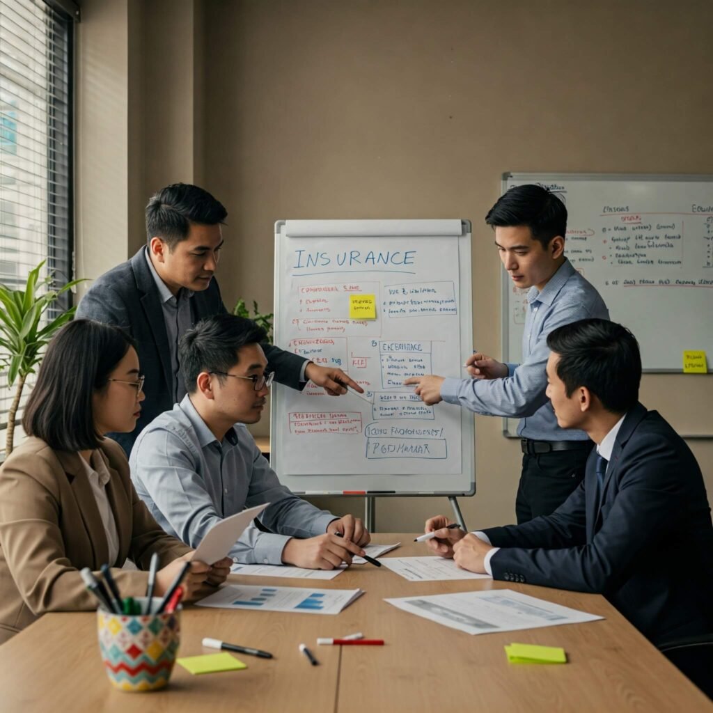 Small business employees discussing insurance.
