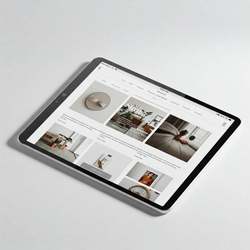 Sleek Squarespace website with minimalist portfolio on tablet.