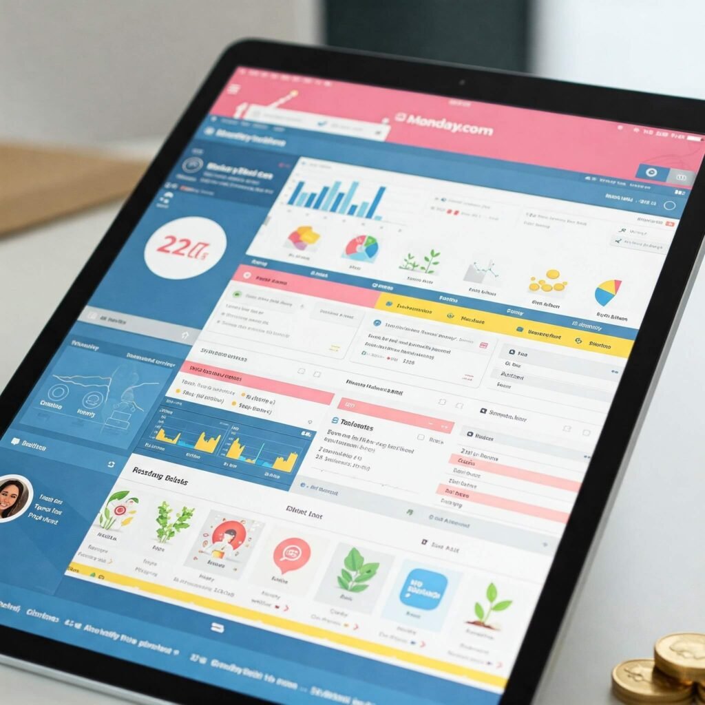 monday.com dashboard on tablet.