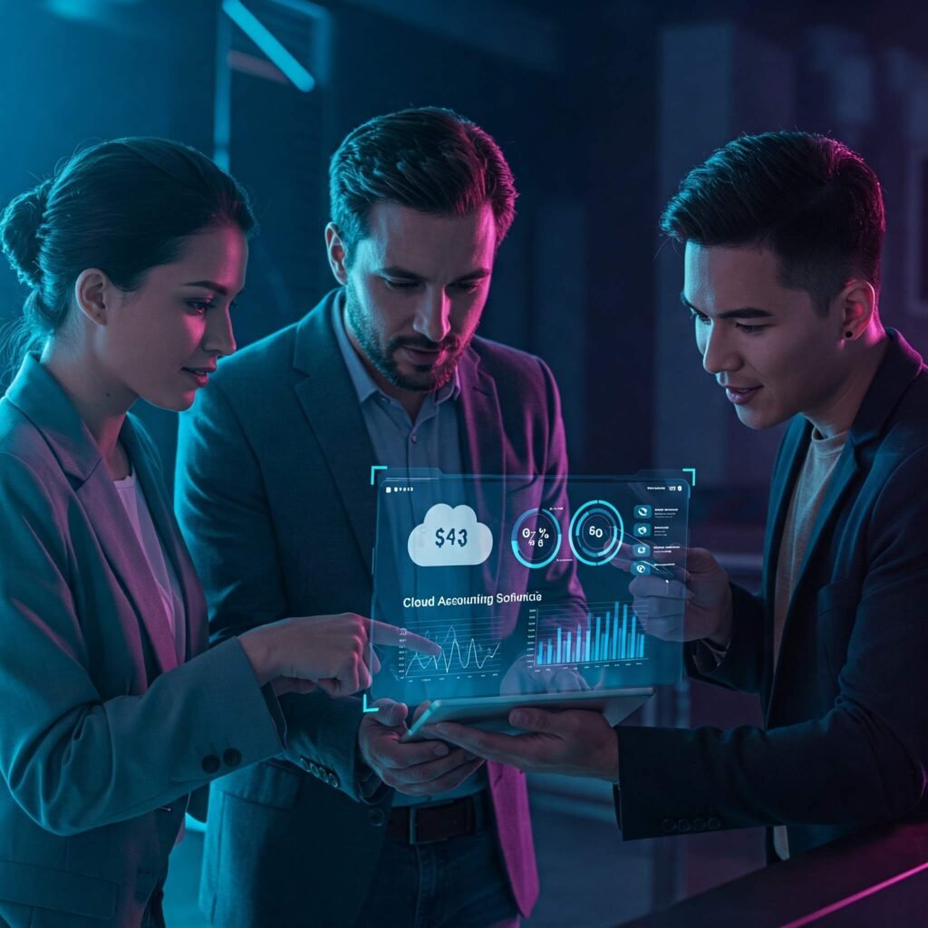 Diverse team collaborating on tablet displaying cloud accounting software analytics.