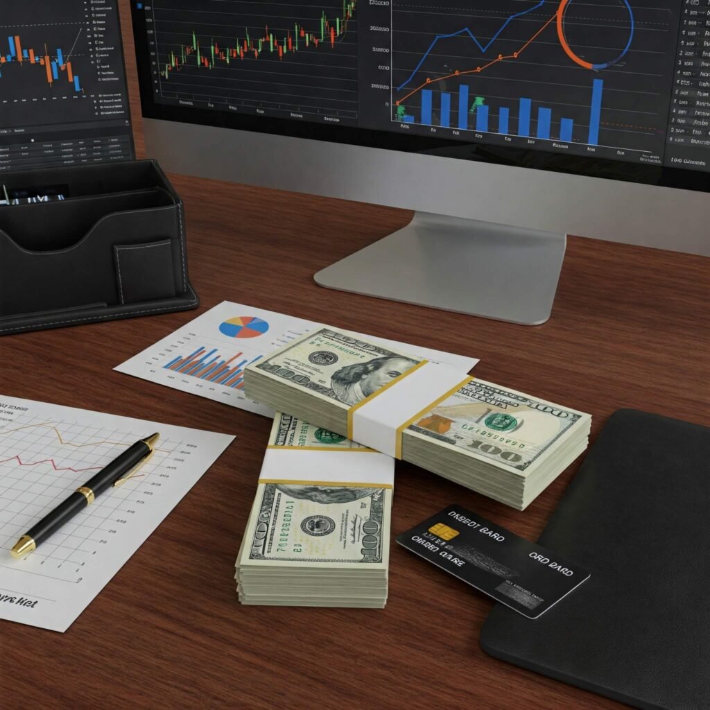 Cash stack, business credit card, digital charts, and office desk.