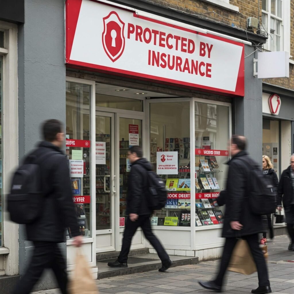 Small business storefront with insurance sign.