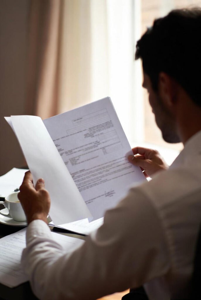 someone reading an insurance document, coffee nearby, slight mess.