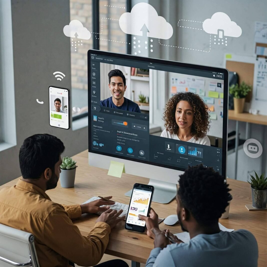 Remote team collaborating via cloud-based phone system.