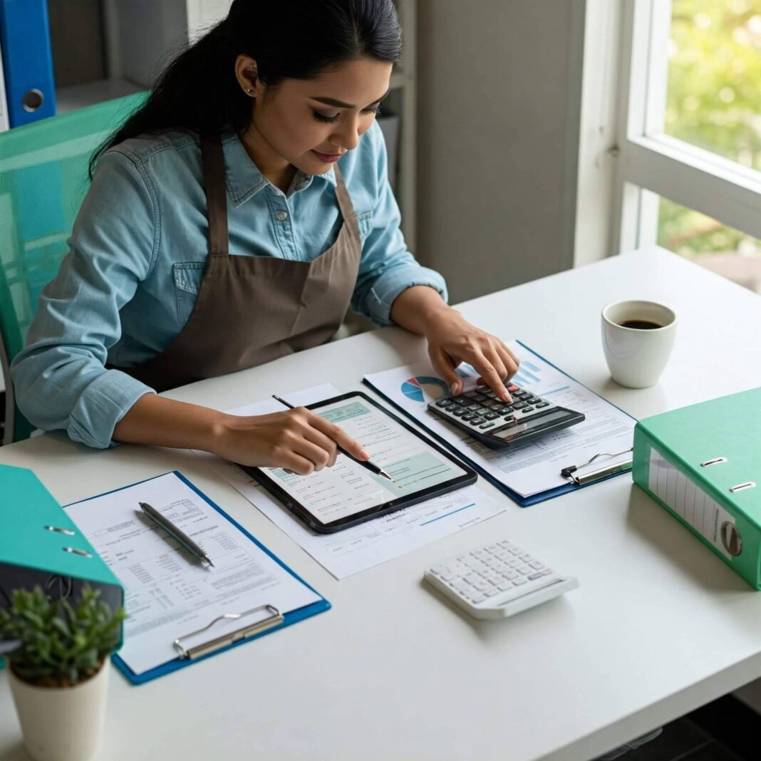 Small business owner reviewing checklist on tablet
