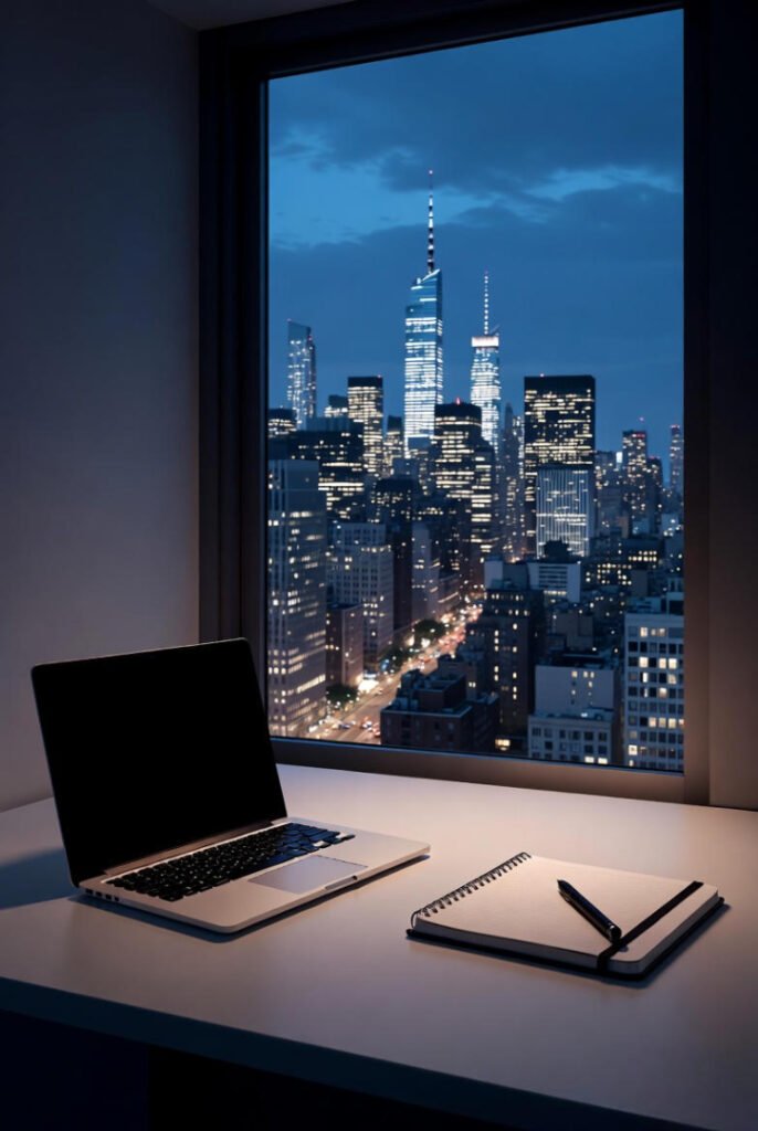 Minimal desk setup with laptop, notebook, and NYC window view at dusk.