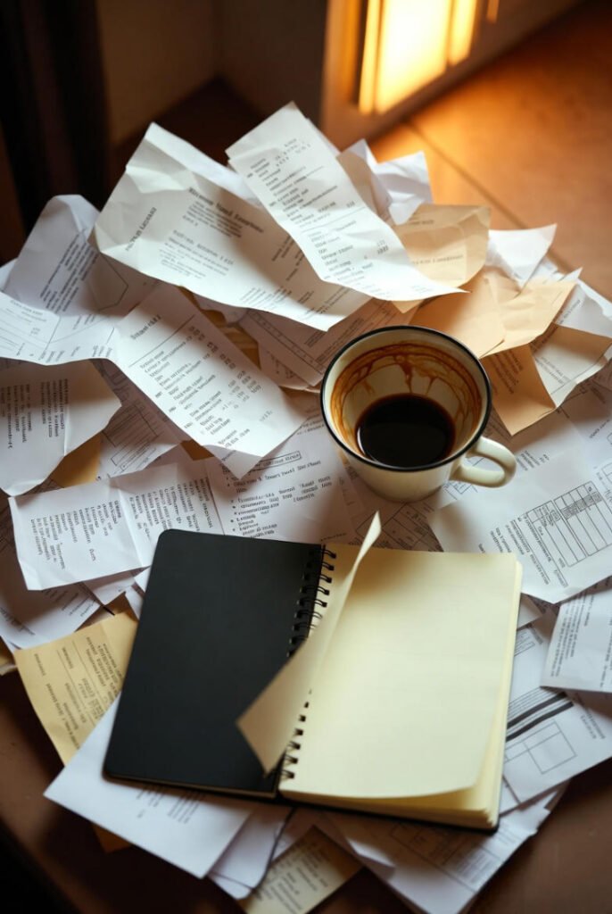 Top-down angle, scattered receipts, coffee cup stain, notebook half-open, warm indoor lighting.