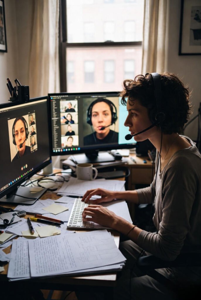 Freelancer on a Zoom call, notes everywhere, looking slightly stressed but focused.