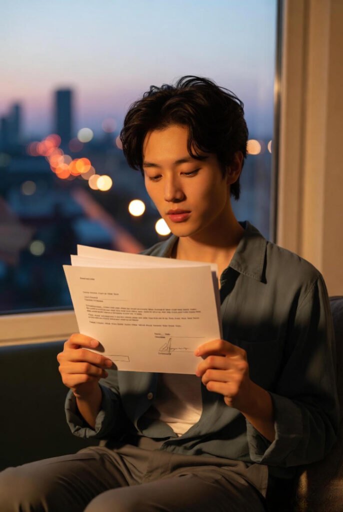 Person holding an official-looking envelope, looking relieved rather than panicked, sitting by a window with city lights outside.